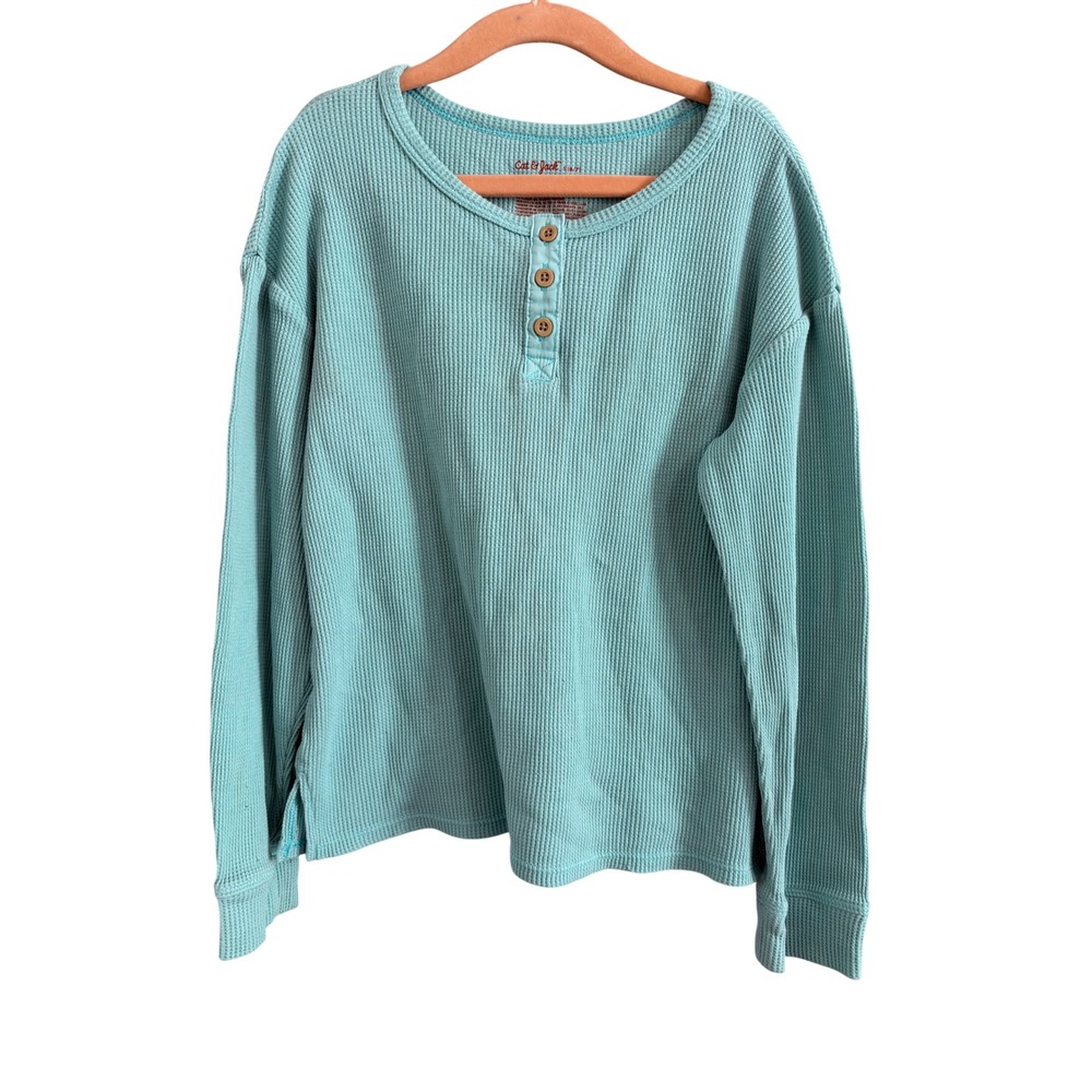 Cat & Jack Henley Top Girls Size S 6/7 Aqua Blue Waffle Knit Long Sleeve Shirt